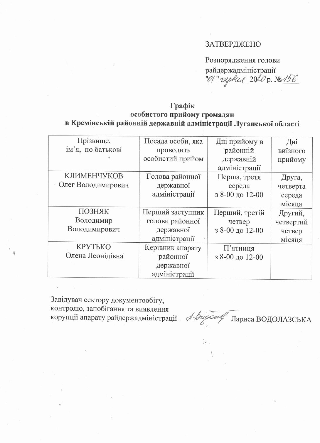 Проведення особистих прийомів громадян  в Кремінській районній державній адміністрації Луганської області